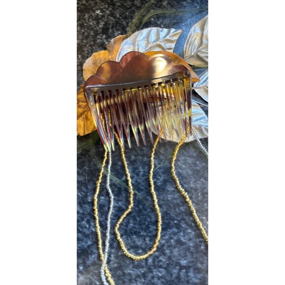 Vintage 1970\'s Handmade Hair Comb Faux Tortise Shell Gold Flower Silver Leaves